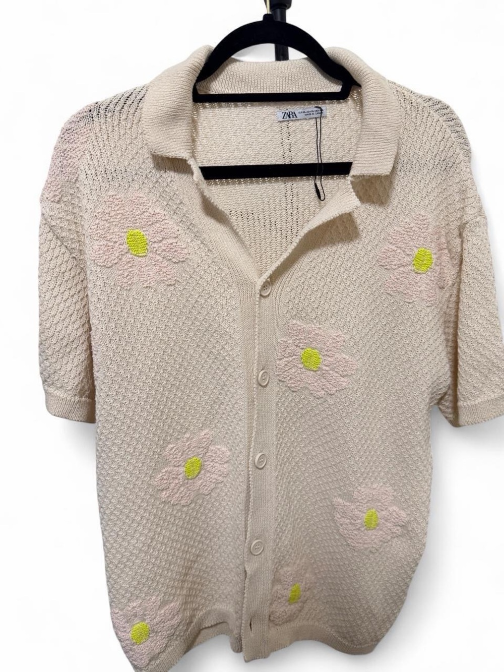 Zara Cream Short-Sleeve Knit Cardigan with Pink & Yellow Floral Details